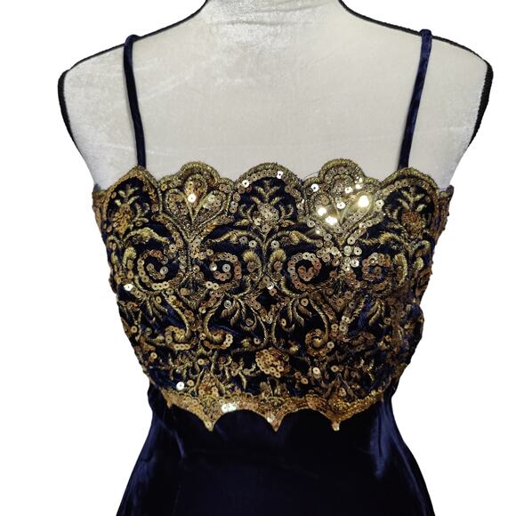 Vintage 80s Jessica McClintock Gunne Sax Sz 9/10 Navy Velvet Sequin Party Dress - Picture 2 of 9